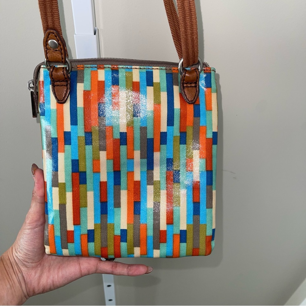 Fossil Key-Per Multicolor Stripe Crossbody Bag Small Canvas Leather Trim - Picture 6 of 8